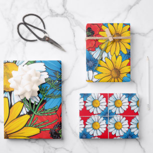 Brite Floral Wrapping Paper Flat Sheet Set 3 Geschenkpapier Set