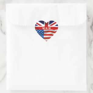 Britische amerikanische Flaggen Mit Monogramm Herz-Aufkleber
