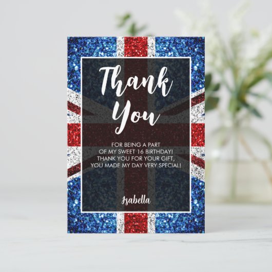 Britische Flagge Rot-Weiß Glitzern elegante Sweet Dankeskarte (Stehend Vorderseite)