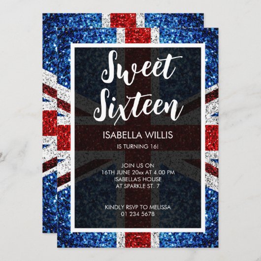 Britische Flagge Rot-Weiß Glitzern elegante Sweet Einladung (Vorne/Hinten)