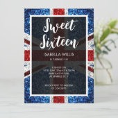 Britische Flagge Rot-Weiß Glitzern elegante Sweet Einladung (Stehend Vorderseite)