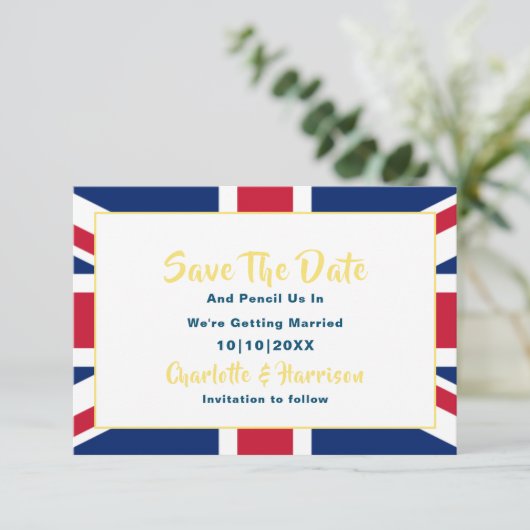 Britische Hochzeit in Urlaubsort Jack Flag Save The Date (Stehend Vorderseite)