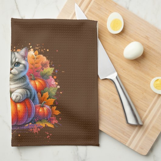 Britische Kurzkatze mit Pumpkin Geschirrtuch (Viertel Falte)