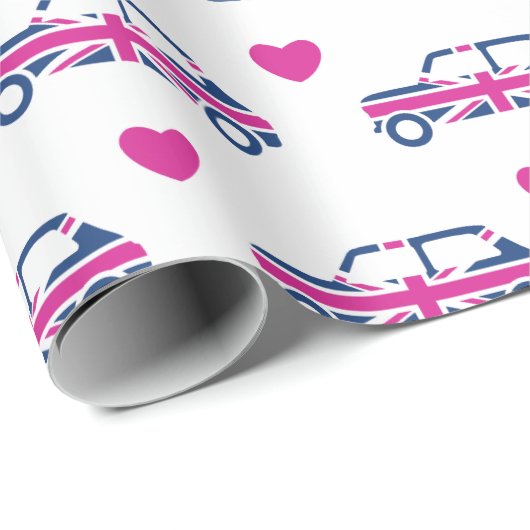 Britische Mini Cooper-Herzen - Blau u. Rosa Geschenkpapier (Rolleneckpunkt)
