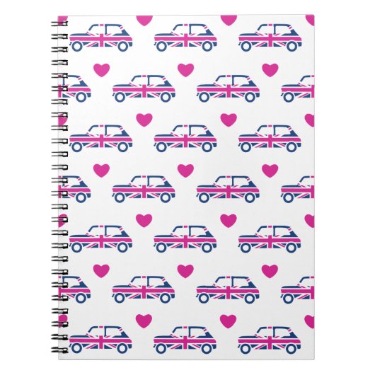 Britische Mini Cooper-Herzen - Blau u. Rosa Notizblock (Vorderseite)