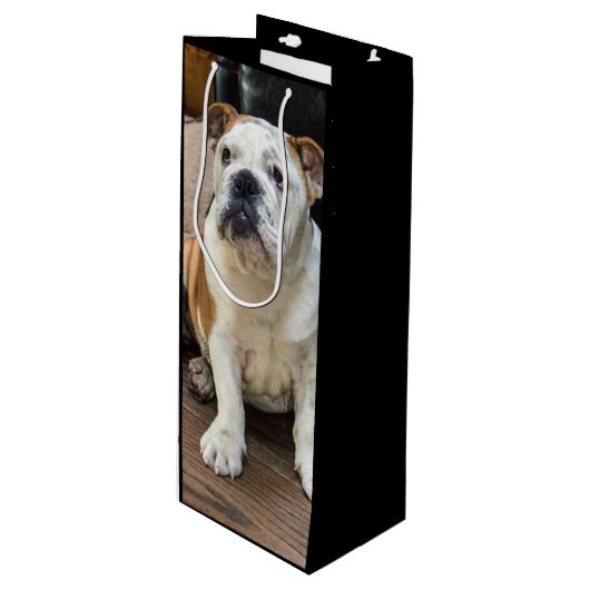 Britischer Bulldoggenwelpe Geschenktüte Für Weinflaschen (Vorderseite Schrägansicht)