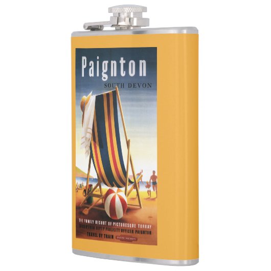 Britischer Eisenbahn-Strand-Stuhl und Ball-Plakat Flachmann (Links)