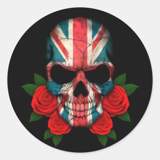 Britischer Flaggenschädel mit Rote Rosen Runder Aufkleber (Vorderseite)