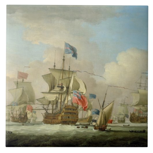 Britischer Mann-von-Krieg und ein Sloop, c.1720-30 Fliese (Vorderseite)