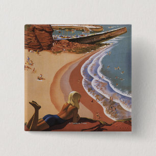 Britisches Eisenbahn-Mädchen, das über einer Button