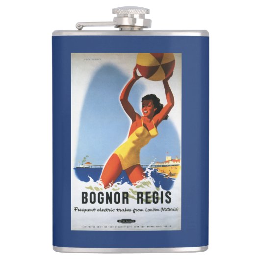 Britisches Eisenbahn-Mädchen und Beachball Plakat Flachmann (Vorderseite)