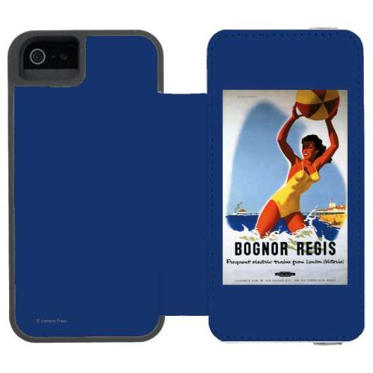 Britisches Eisenbahn-Mädchen und Beachball Plakat Incipio iPhone Geldbeutel-Hülle (Folio Geöffnet)