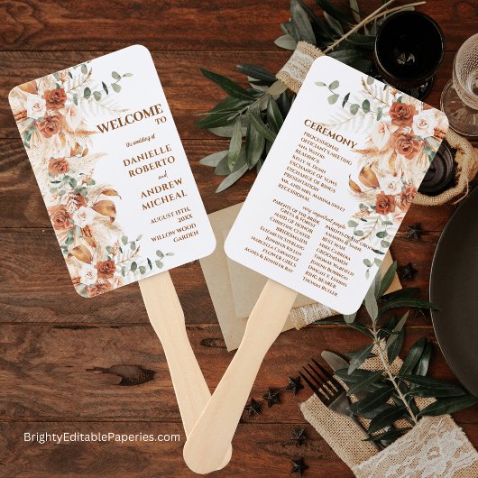 Britisches Hochzeitsprogramm für Terracotta Pampas Fächer