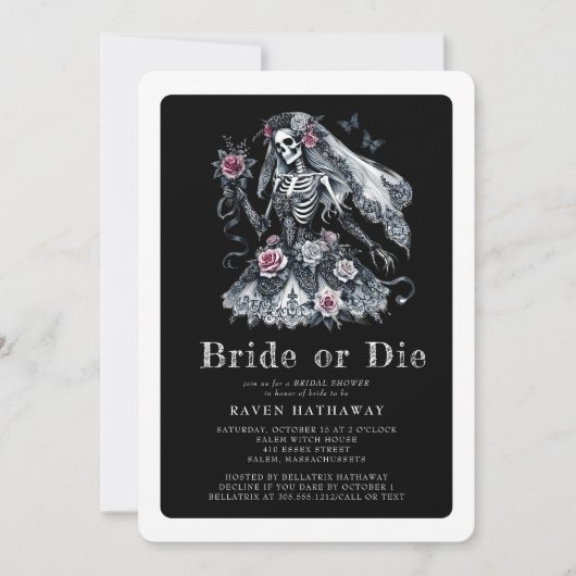Britisches oder Die Gothic Floral Skelett Brautpar Einladung (Vorderseite)