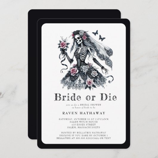 Britisches oder Die Gothic Floral Skelett Brautpar Einladung (Vorne/Hinten)