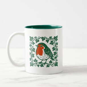 Britisches Rotkehlchen-Linolschnitt-Efeu-Design Zweifarbige Tasse