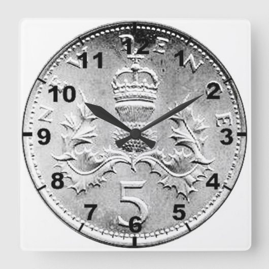 "British 5p Coin" design wall clocks Quadratische Wanduhr (Vorderseite)