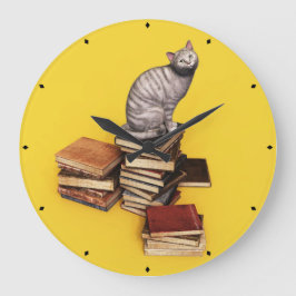 British Cat on a stack of books Große Wanduhr