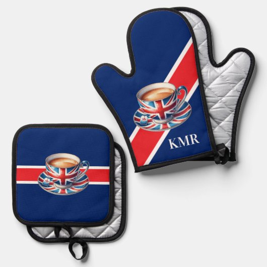 British Flag Ästhetisches Englisch-Teacup Ofenhandschuh & Topflappen-Set (Vorderseite/Rückseite)