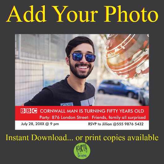 British Funny 50. Geburtstag Fake News Einladung
