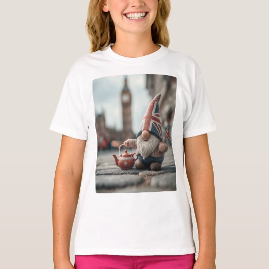 British Gnome mit Union Jack Hat und Teapot T-Shirt (Vorderseite)