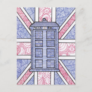 British Police Box und Union Jack Flag Illustriert Postkarte