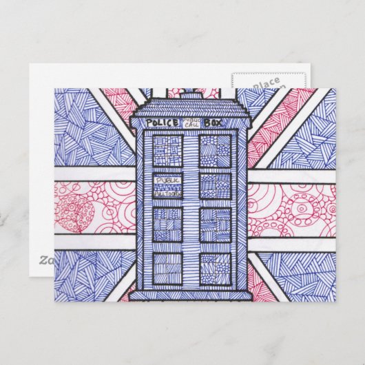 British Police Box und Union Jack Flag Illustriert Postkarte (Vorne/Hinten)