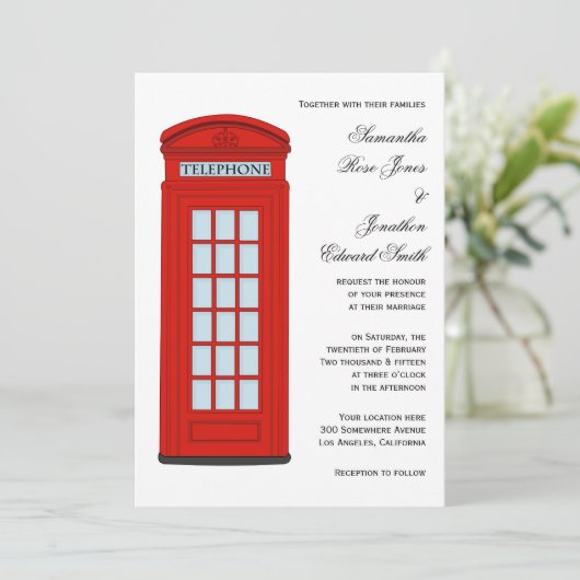 British Red Telefone Box Hochzeit Einladung (Stehend Vorderseite)