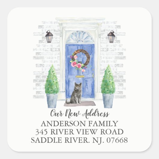 British Shorthair Cat Blue Door New Address Label Quadratischer Aufkleber (Vorderseite)