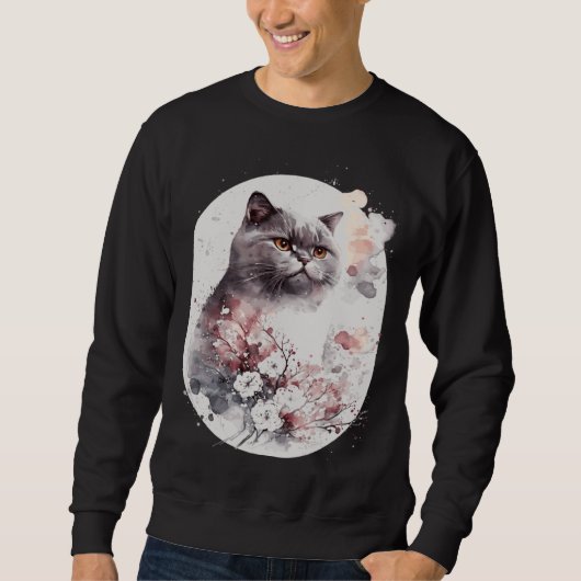 British Shorthair Cat Japanese Cherry Blossom Saku Sweatshirt (Vorderseite)