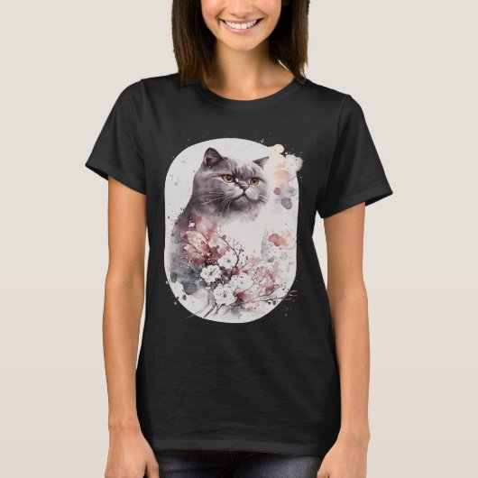 British Shorthair Cat Japanese Cherry Blossom Saku T-Shirt (Vorderseite)