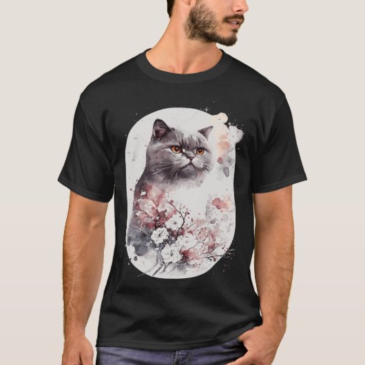 British Shorthair Cat Japanese Cherry Blossom Saku T-Shirt (Vorderseite)