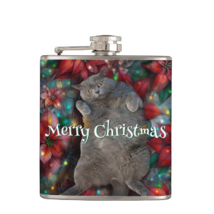 British Shorthair Cat Kitty in Poinsettias Lights Flachmann