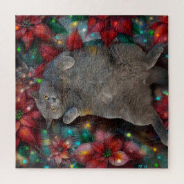 British Shorthair Cat Kitty in Poinsettias Lights Puzzle