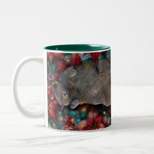 British Shorthair Cat Kitty in Poinsettias Lights Zweifarbige Tasse (Links)