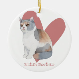 British Shorthair Cat Watercolor Kitty Pink Herz Keramik Ornament