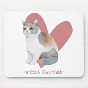 British Shorthair Cat Watercolor Kitty Pink Herz Mousepad
