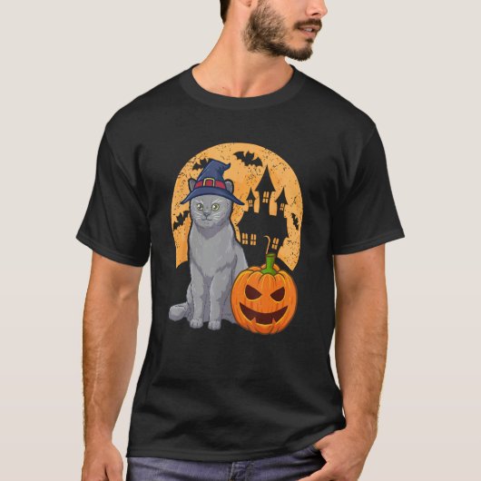 British Shorthair Cat With Witch Hat And Pumpkin H T-Shirt (Vorderseite)