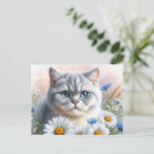 British Shorthair Floral Cat Portrait Postkarte (Stehend Vorderseite)