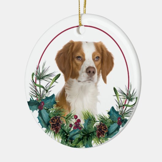 Brittany Dog Evergreen Wreath Keramik Ornament (Links)