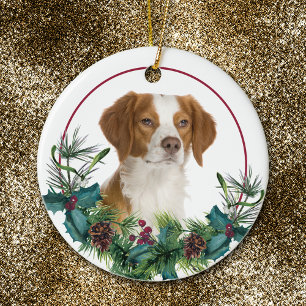 Brittany Dog Evergreen Wreath Keramik Ornament