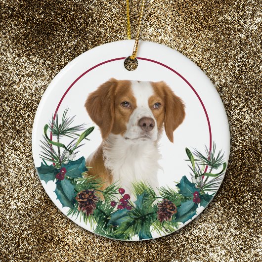 Brittany Dog Evergreen Wreath Keramik Ornament