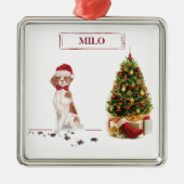 Brittany Funny Christmas Dog and Tree Ornament Aus Metall (Vorne)
