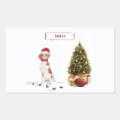 Brittany Funny Christmas Dog and Tree Rechteckiger Aufkleber (Vorderseite)