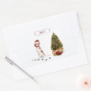 Brittany Funny Christmas Dog and Tree Rechteckiger Aufkleber