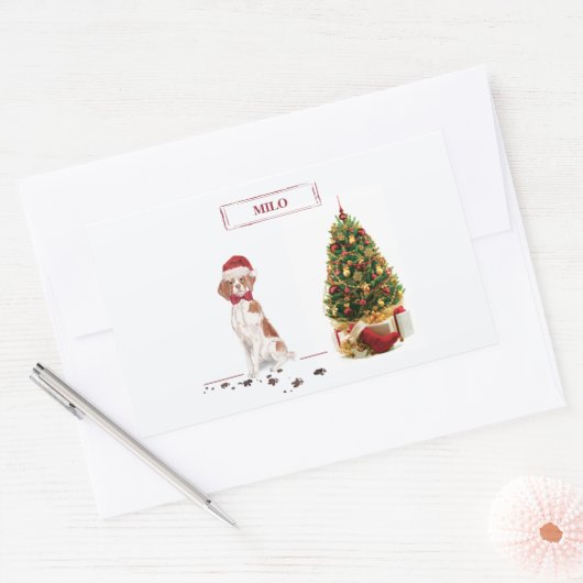 Brittany Funny Christmas Dog and Tree Rechteckiger Aufkleber (Umschlag)