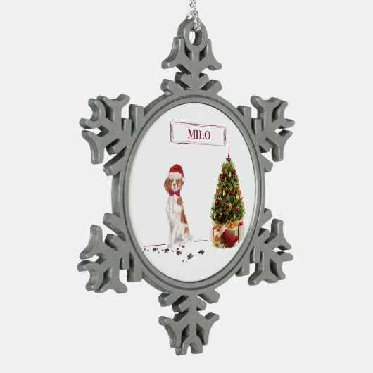 Brittany Funny Christmas Dog and Tree Schneeflocken Zinn-Ornament (Links)