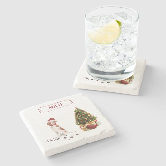 Brittany Funny Christmas Dog and Tree Steinuntersetzer (Seitenansicht)