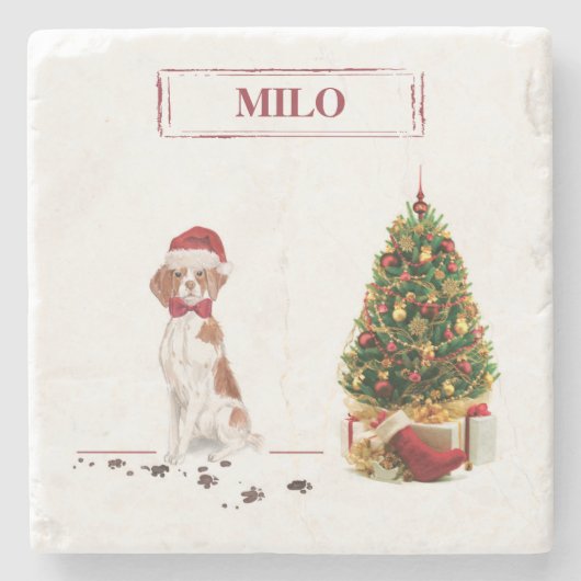 Brittany Funny Christmas Dog and Tree Steinuntersetzer (Vorderseite)
