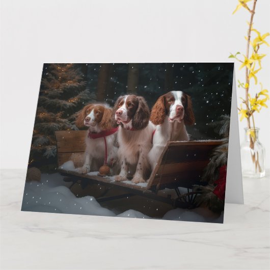 Brittany Spanel Snowy Sleigh Weihnachtsdekor Karte (Gelbe Blume)